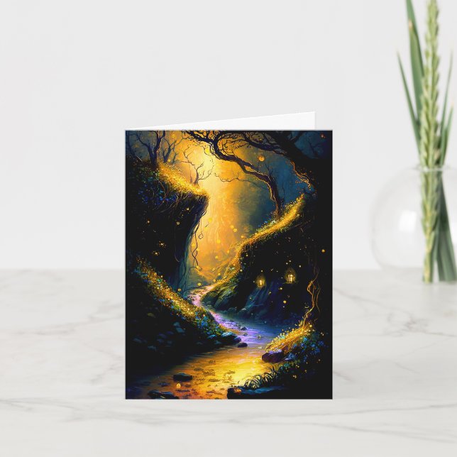 A Magical Fairy Glen with Fireflies Greeting Card (Front)