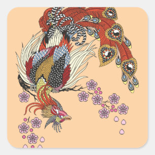a magical phoenix sitting on a blossom sakura squa square sticker