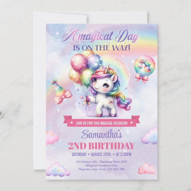 A Magical Unicorn and Rainbow girl 2nd Birthday Invitation (Front)