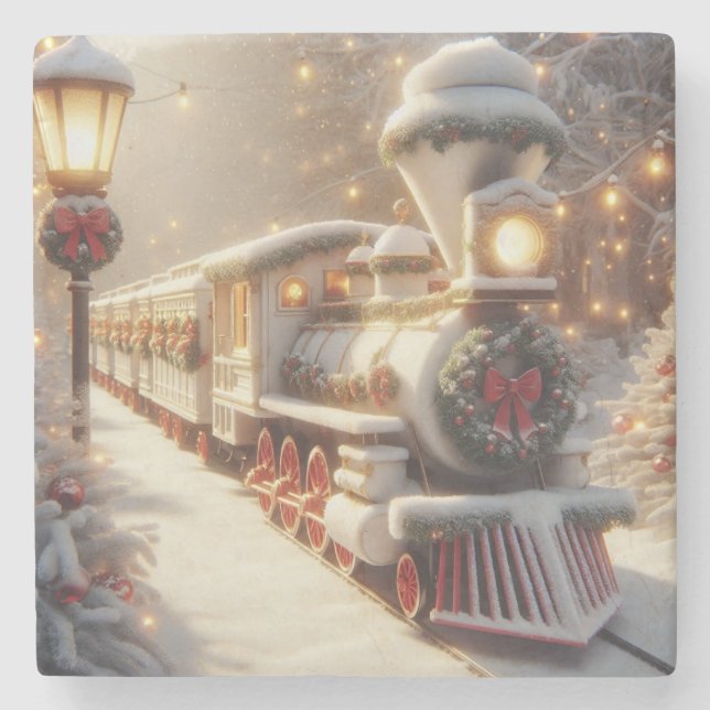 A Magical Winter Wonderland Christmas Train Stone Coaster (Front)