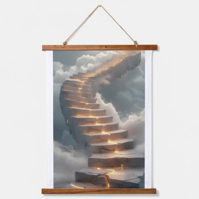 A majestic, curved staircase composed of luminesce hanging tapestry (Front)