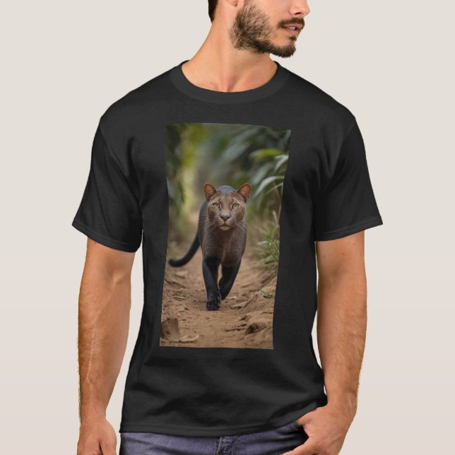 A majestic jaguarundi walking on a dirt path T-Shirt (Front)
