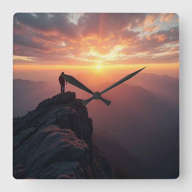 A majestic sunrise seen from the mountain peak square wall clock (Front)