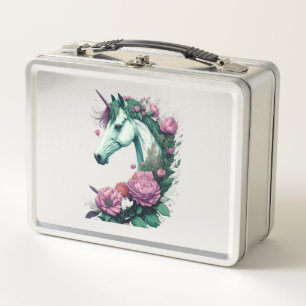 A Majestic Unicorn with Blooming Beauty  Metal Lunch Box