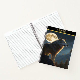 A majestic wolf howling under a full moon at night notebook