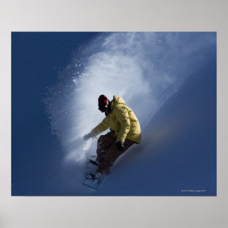 A male snowboarder catches last light on a poster