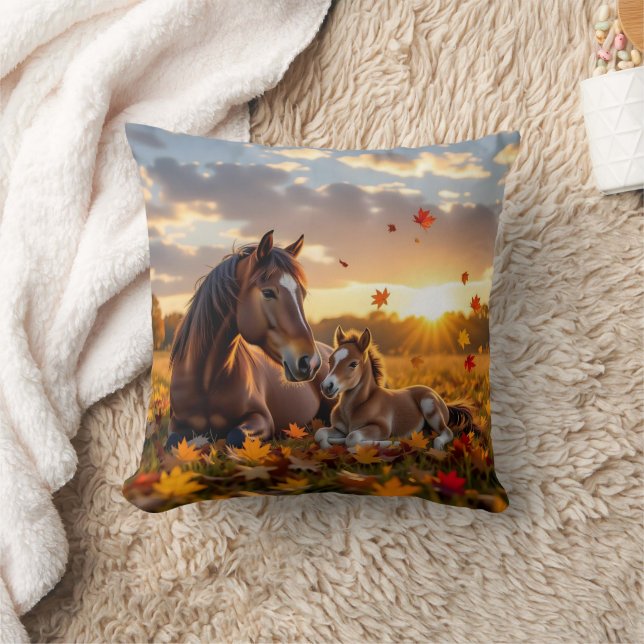 A Mama Horse and her Foal in Autumn Cushion (Blanket)