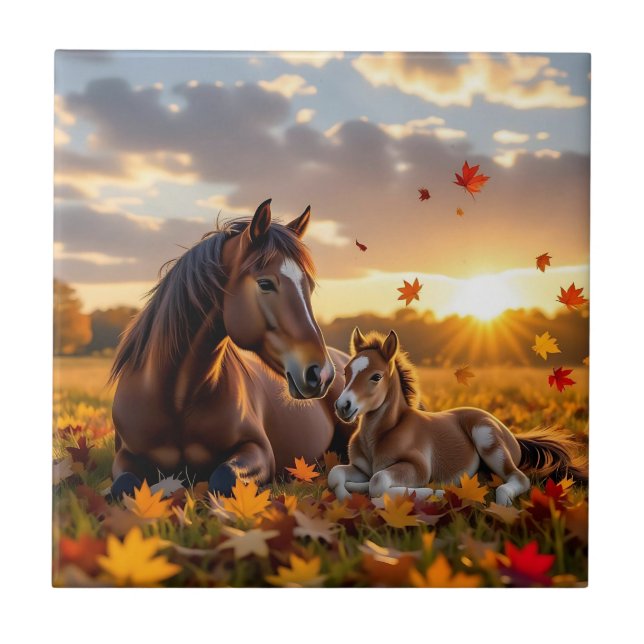 A Mama Horse and her Foal in Autumn Tile (Front)