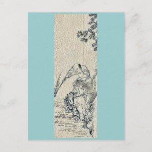 A man fishing from the bank of a river Ukiyo-e. Postcard