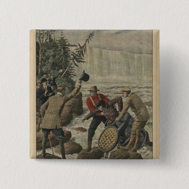A man in a barrel crossing the Niagara Falls 15 Cm Square Badge (Front)