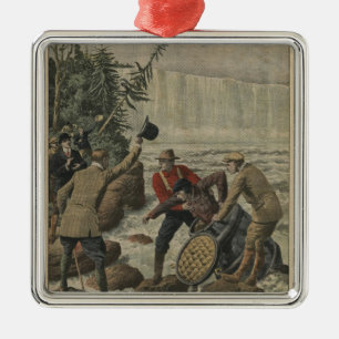 A man in a barrel crossing the Niagara Falls Metal Tree Decoration