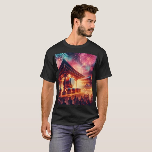 a man is standing in front of a temple firework T-Shirt (Front Full)