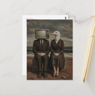 A man with a TV for his head and a seagull lady Postcard