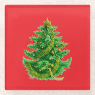 A Mandelbrot Christas Tree With Red & Green Bulbs Glass Coaster