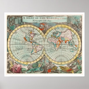 "A MAPP OF THE WORLD" 1682 BY JOHN PLAYFORD POSTER