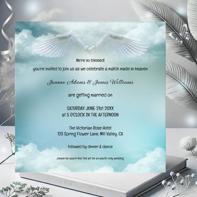 A Match Made in Heaven Angel Wings Wedding Invitation (Cloud nine wedding invitation featuring angel wings on a soft cloud. A match made in heaven)