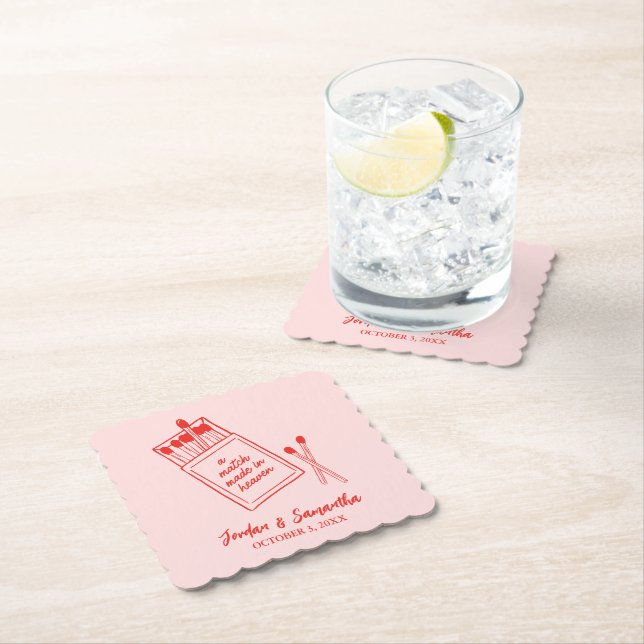 A Match Made in Heaven Red & Pink Cute Party Paper Coaster (Insitu)