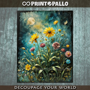 A meadow of yellow and purple flowers snd the moon tissue paper