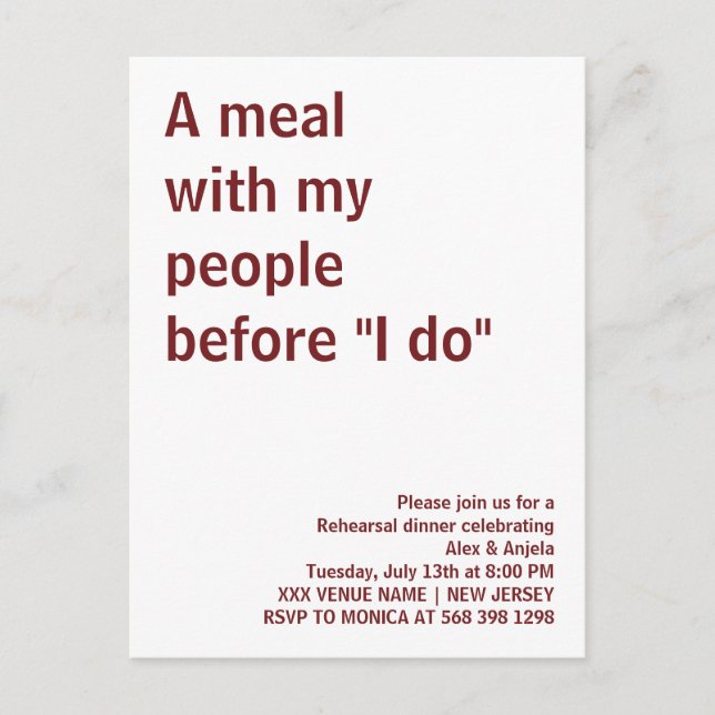 A meal  with my  people  before "I do" fun rustic  Postcard (Front)