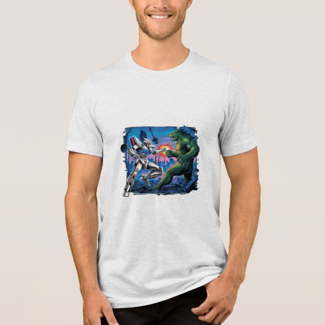 A mecha robot fighting a giant monster  Tri-Blend shirt (Front)