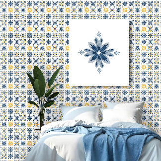 A Mediterranean Tile Design with Floral Geometric  Wallpaper