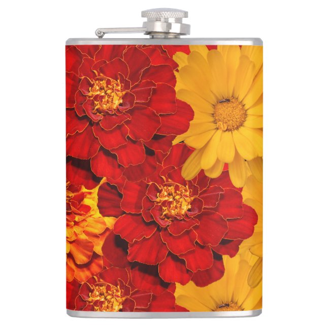 A Medley of Red Yellow and Orange Marigolds Hip Flask (Front)