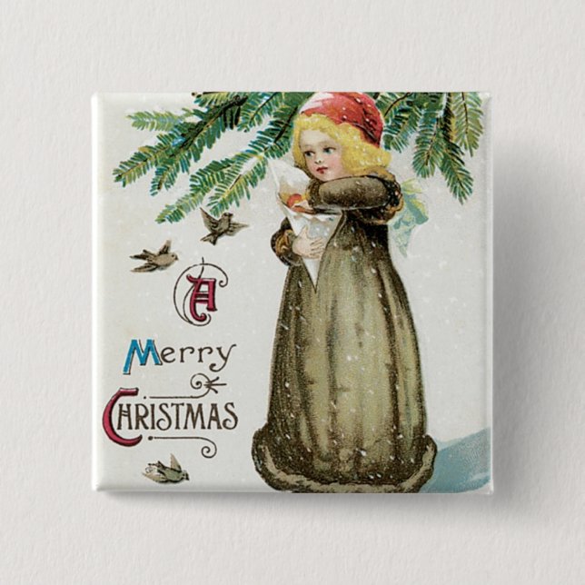 "A Merry Christmas" Girl 15 Cm Square Badge (Front)