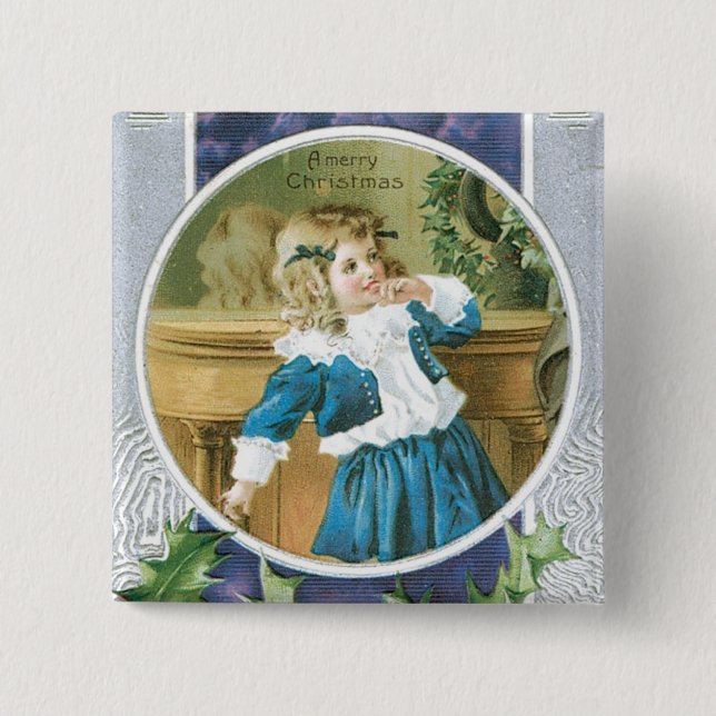 "A Merry Christmas" Girl in Blue 15 Cm Square Badge (Front)