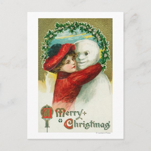 A Merry Christmas Hugging Snowman Scene Holiday Postcard (Front)