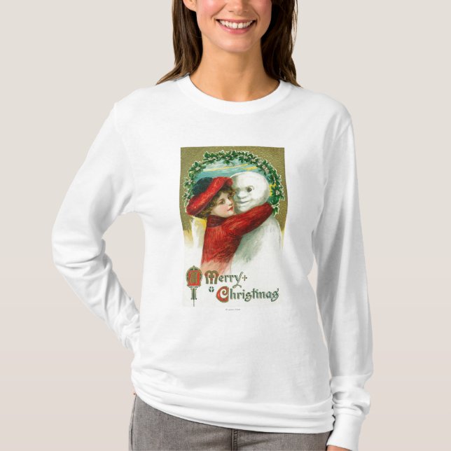 A Merry Christmas Hugging Snowman Scene T-Shirt (Front)
