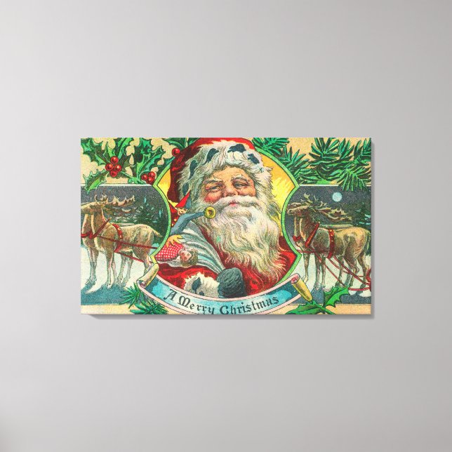 A Merry Christmas Santa and Reindeer Scene Canvas Print (Front)