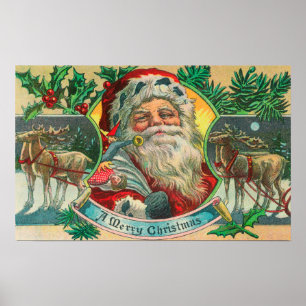 A Merry Christmas Santa and Reindeer Scene Poster
