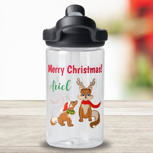 A Merry Christmas With Momma Fox And Baby Fox Water Bottle (Get into the holiday spirit with our Woodland Christmas Water Bottle! )