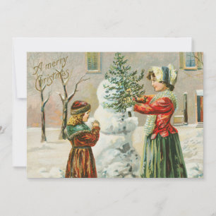 A Merry Christmas Woman, Child and Snowman Holiday Card