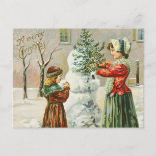 A Merry Christmas Woman, Child and Snowman Holiday Postcard