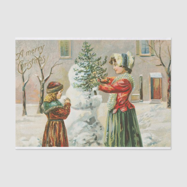 A Merry Christmas Woman, Child and Snowman Holiday Tissue Paper (Front)