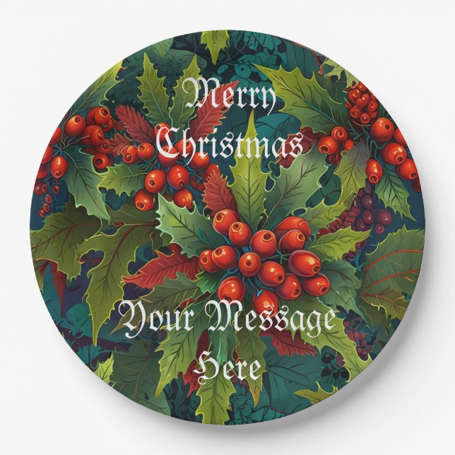 A Merry Festive Christmas Holly Holiday  Paper Plate (Front)