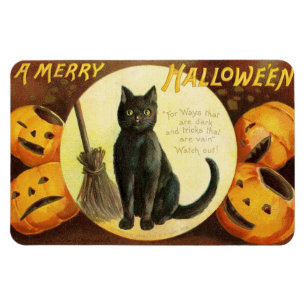 A Merry Hallowe'en Black Cat Pumpkins Vintage Magnet