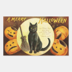 A Merry Hallowe'en Black Cat Pumpkins Vintage Rectangular Sticker