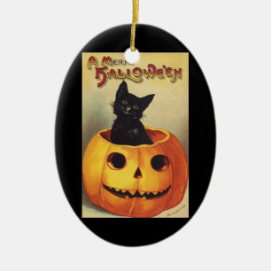 A Merry Halloween by Ellen Clapsaddle, Vintage Cat Ceramic Tree Decoration