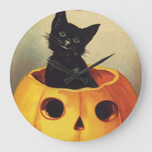A Merry Halloween by Ellen Clapsaddle, Vintage Cat Large Clock