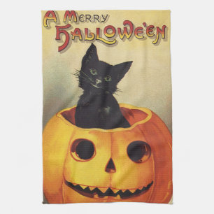A Merry Halloween by Ellen Clapsaddle, Vintage Cat Tea Towel
