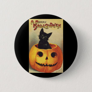 A Merry Halloween, Vintage Black Cat in Pumpkin 6 Cm Round Badge
