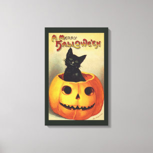 A Merry Halloween, Vintage Black Cat in Pumpkin Canvas Print