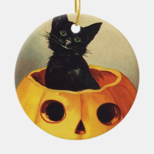 A Merry Halloween, Vintage Black Cat in Pumpkin Ceramic Tree Decoration