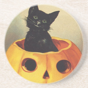 A Merry Halloween, Vintage Black Cat in Pumpkin Coaster