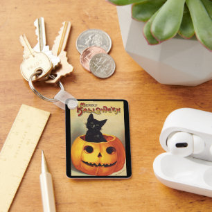 A Merry Halloween, Vintage Black Cat in Pumpkin Key Ring