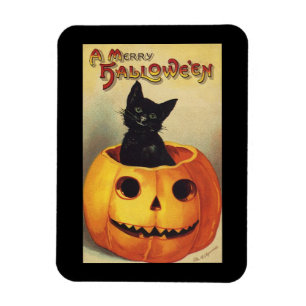 A Merry Halloween, Vintage Black Cat in Pumpkin Magnet