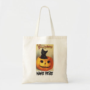A Merry Halloween, Vintage Black Cat in Pumpkin Tote Bag