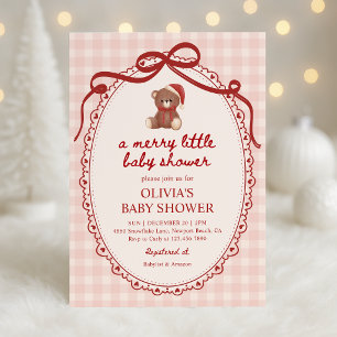A Merry Little Christmas Bear Gingham Baby Shower Invitation